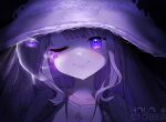  1girl :&gt; black_background cosplay elden_ring grey_hair hat highres hololive hololive_english koseki_bijou long_hair ma_draws one_eye_closed purple_eyes ranni_the_witch ranni_the_witch_(cosplay) smile virtual_youtuber witch_hat 