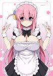  alternate_costume black_bow black_bowtie blush bocchi_the_rock! bow bowtie breasts cleavage cowboy_shot cube_hair_ornament double_v dress enmaided fanbox_username fingernails gotou_hitori gradient_background hair_between_eyes hair_ornament large_breasts long_hair maid maid_headdress pink_background pink_nails pink_tail puffy_short_sleeves puffy_sleeves shaded_face short_dress short_sleeves side_ahoge v very_long_hair virus-g white_background 