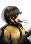  1girl absurdres assault_rifle black_hair black_jacket closed_mouth eyepatch girls&#039;_frontline gun highres jacket long_hair looking_to_the_side m16 m16a1 m16a1_(girls&#039;_frontline) mario_(inverse_atelier) rifle scar shirt simple_background upper_body weapon yellow_shirt 