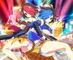  2girls arm_belt ass assault_rifle back-to-back bare_shoulders belt belt_buckle black_hair blue_belt blue_hair blue_panties blue_ribbon blush breasts brown_thighhighs buckle detached_sleeves earrings electric_guitar grey_thighhighs grin guitar gun hair_over_one_eye holding holding_gun holding_weapon instrument jewelry kunai kunai_earrings large_breasts leg_ribbon looking_at_viewer median_furrow multicolored_hair multiple_girls official_art panties pleated_skirt red_belt red_eyes red_hair red_panties red_ribbon revealing_clothes ribbon rifle sakyou_(senran_kagura) senran_kagura senran_kagura_new_wave short_hair shotgun shuriken shuriken_earrings siblings single_earring single_thighhigh sisters skirt smile stage stage_lights star_(symbol) star_print striped striped_panties striped_thighhighs studded_belt submachine_gun teeth thigh_ribbon thighhighs tile_floor tiles torn_clothes torn_skirt trigger_discipline twins two-tone_hair ukyou_(senran_kagura) underboob underwear weapon wrist_belt yaegashi_nan yellow_skirt 