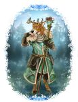  absurd_res accessory anthro antlers blue_eyes blue_flower brown_body brown_fur brown_hair cloak clothing cloven_hooves deer druid dungeons_and_dragons ear_piercing ear_ring ewan_j._redding fantasy fantasy_weapon floral_pattern flower flower_in_hair forest forest_background fur gloves hair hair_accessory handwear hasbro hi_res hooves horn long_hair lsheena magic magic_staff magic_user male mammal multicolored_body multicolored_fur nature nature_background new_world_deer pendant piercing plant ring_piercing robe rodent satchel smile solo staff tree tribal_spellcaster two_tone_body two_tone_fur vines white-tailed_deer white_body white_fur wizards_of_the_coast 