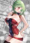  1girl azur_lane bare_shoulders black_leotard black_thighhighs breasts closed_mouth detached_collar earrings giuseppe_garibaldi_(azur_lane) green_hair hand_on_own_hip heart highres indoors jewelry large_breasts leotard looking_at_viewer multicolored_hair red_eyes red_leotard skindentation smile spoken_heart streaked_hair studiopokotan thighhighs thighs two-tone_leotard v 