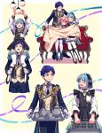  3boys :o androgynous blanket blue_hair blush buttons closed_eyes closed_mouth coat commentary_request cowboy_shot cup dark_blue_hair ensemble_stars! frills full_body fushimi_yuzuru gloves head_on_another&#039;s_shoulder highres himemiya_tori holding holding_another&#039;s_leg holding_tray long_sleeves looking_at_another looking_up male_focus mole mole_under_eye multiple_boys official_alternate_costume on_person open_mouth partial_commentary pink_hair purple_eyes purple_ribbon ribbon shino_hajime short_bangs short_hair sidelocks sitting sleeping sleeping_upright teapot tray user_vzxu4543 white_gloves 