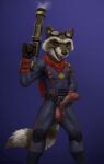  balls clothing foreskin fur genitals guardians_of_the_galaxy gun hi_res male mammal marvel masturbation penis procyonid raccoon ranged_weapon rocket rocket_raccoon scarf tail thejoyfuldragon weapon 