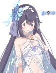  1girl :3 bare_shoulders black_hair blush breasts chest_tattoo closed_mouth clothing_cutout colored_inner_hair finger_to_mouth flower hair_between_eyes hair_flower hair_ornament highres honkai_(series) honkai_impact_3rd kyaong long_hair looking_at_viewer medium_breasts multicolored_hair navel seele_vollerei seele_vollerei_(herrscher_of_rebirth) simple_background solo stomach_cutout tattoo upper_body white_background 
