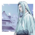  1boy 5tatsu alternate_costume architecture artist_name blurry blurry_background border east_asian_architecture facing_to_the_side final_fantasy final_fantasy_vii final_fantasy_vii_remake grey_hair highres japanese_clothes kimono long_bangs long_hair male_focus parted_bangs sephiroth snow solo straight_hair upper_body white_border white_kimono 