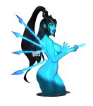  1girl artist_name black_hair blue_lips blue_skin blushyspicy breasts colored_skin completely_nude from_side glowing glowing_weapon green_eyes helmet kalista large_breasts league_of_legends long_hair looking_at_viewer nude polearm shiny_skin simple_background solo transparent_background wading water weapon 