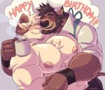  2021 2_horns anthro beard biceps blush blush_lines bovid bovine brown_body brown_fur brown_hair brown_horn caprine cattle clothing coffee_mug collared_shirt deltoids duo embrace english_text facial_hair flexor_carpi fur goat hair happy_birthday hi_res horn hug juggermelon male mammal muscular muscular_anthro muscular_male nipples one_eye_closed raul_(juggermelon) rolled_up_sleeves shirt shirtless speech_bubble text topwear van_(kokuhane) white_body white_clothing white_fur white_horn white_shirt white_topwear wristband 