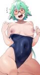  1girl animal_ears blush breasts cat_ears competition_swimsuit covered_navel embarrassed genshin_impact glasses green_hair hair_between_eyes highres long_hair looking_at_viewer medium_breasts multicolored_hair nipples okpriko one-piece_swimsuit orange_eyes partially_undressed ponytail semi-rimless_eyewear solo sucrose_(genshin_impact) sweat swimsuit tears thick_thighs thighs 