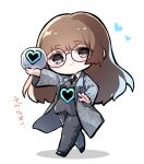  1girl aosoraa6 black_eyes black_footwear black_necktie blue_heart blunt_bangs breasts brown_hair chibi closed_mouth coat collared_shirt commentary_request e.g.o_(project_moon) employee_(lobotomy_corporation) glasses grey_coat grey_pants grey_vest heart highres lobotomy_corporation long_hair long_sleeves necktie no_nose open_clothes open_coat pants project_moon round_eyewear shirt simple_background small_breasts smile solo translation_request vest walking white_background white_shirt 