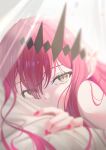  1girl absurdres baobhan_sith_(fate) bare_shoulders blush close-up fate/grand_order fate_(series) grey_eyes hair_ornament hair_over_eyes half-closed_eyes head_on_pillow highres light_rays long_hair looking_at_viewer lying mishiro_(ixtlolton) nail_polish pink_hair pink_nails pointy_ears sidelocks solo upper_body 