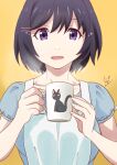  1girl apron artist_name bakemonogatari black_cat black_hair blue_dress bob_cut breasts cat close-up coffee_mug collarbone commentary cup dated dress drink hair_between_eyes hair_ornament hairclip hanekawa_tsubasa holding holding_cup huumoon large_breasts monogatari_(series) mug open_mouth parted_lips portrait puffy_short_sleeves puffy_sleeves purple_eyes short_hair short_sleeves signature simple_background smile solo steam straight-on upper_body w_arms white_apron yellow_background 