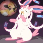  1:1 2023 ampharos belly black_stripes blue_inner_ear blush blush_lines bodily_fluids bow_(anatomy) eeveelution eyes_closed forehead_gem generation_2_pokemon generation_6_pokemon gigantamax_pokemon hi_res licking multicolored_body multicolored_ears multicolored_ribbon nintendo open_mouth parupoke pink_ears pink_paws pink_tail pokemon pokemon_(species) ribbons_(anatomy) saliva saliva_on_hand saliva_on_tongue simple_background stripes sylveon tail tongue tongue_out two_tone_body two_tone_ears two_tone_tail unconscious white_belly white_body yellow_body yellow_ears yellow_tail 