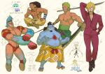  5boys abs absurdres afro alternate_body_hair bara belly black_hair blue_skin chest_hair clothes_down colored_skin cropped_legs curly_eyebrows curly_hair cyborg fish_boy franky_(one_piece) gay_male_pride_flag grin highres holding holding_sword holding_weapon japanese_clothes jinbe_(one_piece) katana kia_shie kimono large_pectorals leg_hair long_hair long_nose male_focus male_swimwear mature_male multiple_boys muscular muscular_male nipples one_piece open_clothes open_kimono pectoral_cleavage pectorals plump red_male_swimwear roronoa_zoro sanji_(one_piece) seductive_smile smile stomach straw_hat_pirates sunglasses suspenders swim_briefs sword thick_eyebrows thick_thighs thighs topless_male triple_wielding tusks usopp veins veiny_arms weapon 