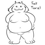  anthro boss_monster bovid caprine character_name english_text eyelashes fat_female female fur genitals hands_at_side mammal navel nipples nishi_oxnard nude pussy simple_background smile solo text toriel tummy_wiggling undertale undertale_(series) white_background white_body white_fur 