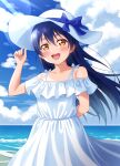  1girl absurdres arm_behind_back bare_arms blue_hair blue_sky blush cloud day dress hair_between_eyes hand_on_headwear haruharo_(haruharo_7315) hat highres long_hair looking_at_viewer love_live! love_live!_school_idol_project open_mouth outdoors sky sleeveless sleeveless_dress smile solo sonoda_umi sundress white_dress yellow_eyes 