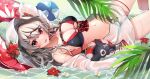  1girl bikini black_bikini black_hair breasts cleavage double_bikini ear_piercing flower grey_hair hair_ornament hairpin highres hololive hood hood_up hooded_jacket innertube inu_(sakamata_chloe) jacket large_breasts long_hair looking_at_viewer lying_on_water multicolored_hair navel open_clothes open_jacket piercing red_bikini red_eyes sakamata_chloe see-through see-through_jacket shinomiya_shino_(sinosino141) solo streaked_hair swimsuit virtual_youtuber x_hair_ornament 