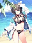  1girl arm_up bikini black_bikini black_choker black_hair blue_eyes blue_nails blue_sky blurry blurry_background blurry_foreground breasts choker cleavage closed_mouth cloud collarbone commentary_request day depth_of_field feathered_wings groin hair_ornament hairclip head_wings highres horizon indie_virtual_youtuber jacket kurata_rine kuratarine long_hair long_sleeves looking_at_viewer medium_breasts nail_polish navel ocean open_clothes open_jacket outdoors palm_tree see-through side-tie_bikini_bottom sky smile solo standing swimsuit tree virtual_youtuber water white_jacket white_wings wide_sleeves wings 