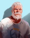  1boy alternate_costume beard blind expressionless facial_hair highres jinhallz looking_ahead male_focus mature_male mustache old old_man overwatch overwatch_(logo) overwatch_1 reinhardt_(overwatch) scar scar_across_eye shirt short_hair solo t-shirt thick_mustache upper_body wrinkled_skin 