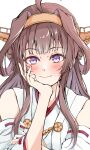  1girl absurdres ahoge bare_shoulders blush brown_hair closed_mouth dairyo3 detached_sleeves fingernails hairband headgear highres japanese_clothes kantai_collection kongou_(kancolle) kongou_kai_ni_(kancolle) long_hair looking_at_viewer nontraditional_miko purple_eyes simple_background smile solo upper_body white_background white_sleeves wide_sleeves 