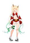  1girl absurdres aizawa_ema animal_ears antlers bare_shoulders bell belt bikini black_belt blonde_hair blue_eyes blunt_bangs christmas deer_ears fur-trimmed_bikini fur-trimmed_jacket fur-trimmed_shorts fur_trim gradient_hair green_hair green_ribbon highres jacket leg_ribbon long_hair looking_at_viewer midriff multicolored_hair navel nouto off_shoulder pom_pom_(clothes) red_bikini red_jacket red_shorts reindeer_antlers ribbon santa_bikini santa_costume shoes short_shorts shorts simple_background sneakers solo standing stomach swimsuit twintails very_long_hair virtual_youtuber vspo! white_background 