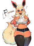  anthro blonde_hair breasts clothed clothing eeveelution female flareon fur generation_1_pokemon hair hi_res looking_at_viewer nintendo pokemon pokemon_(species) red_body red_fur simple_background solo togetoge 