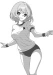  1girl alternate_costume breasts buruma commentary feet_out_of_frame greyscale gym_shirt gym_uniform hair_between_eyes heterochromia large_breasts looking_at_viewer monochrome onkn_sxkn open_mouth shirt short_hair short_sleeves simple_background smile solo tatara_kogasa touhou white_background 
