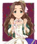  1girl annyuiusagi blue_eyes blush brown_hair clenched_hand crown dress frills hair_ribbon idolmaster idolmaster_cinderella_girls kusakabe_wakaba long_hair pink_ribbon purple_background ribbon smile solo tilted_headwear upper_body wavy_hair wristband 