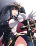  1girl azur_lane black_hair black_panties buttons cape cowboy_shot cross double-breasted fur-trimmed_cape fur_trim gloves hat highres iron_cross lace lace_panties long_hair long_sleeves looking_at_viewer makiri_akira panties pantyshot peaked_cap peter_strasser_(azur_lane) purple_eyes simple_background solo teeth twintails underwear upper_teeth_only very_long_hair white_gloves white_headwear 