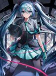  1girl absurdres aqua_gloves aqua_hair aqua_necktie aqua_skirt black_pantyhose black_shirt blue_eyes collar collared_shirt gloves hair_ornament hannahkwok4 hatsune_miku highres koi_wa_sensou_(vocaloid) long_hair looking_at_viewer megaphone necktie pantyhose pleated_skirt ribbon shirt skirt standing vocaloid 