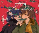  2girls 3107_(satona) aircraft black_jacket blue_eyes blue_hair bomber_jacket brown_eyes brown_hair dated e16a_zuiun fur-trimmed_jacket fur_trim green_jacket headband highres hiryuu_(kancolle) holding jacket japanese_clothes kantai_collection long_sleeves looking_at_viewer multiple_girls one_eye_closed open_clothes open_jacket red_background short_hair simple_background souryuu_(kancolle) upper_body 