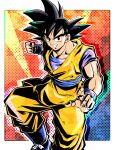  1boy absurdres black_hair clenched_hand commentary commentary_request dougi dragon_ball grin highres muscular muscular_male pectorals smile solo son_goku teeth ushi_(akabec0) 