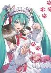 1girl absurdres blue_hair blue_nails blush cat detached_sleeves fang green_eyes hatsune_miku highres long_hair long_sleeves maid maid_headdress open_mouth piyo_(pixiv_2308057) skin_fang smile solo twintails vocaloid 