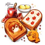 artist_name butter diluc_(genshin_impact) food food_focus foodification genshin_impact highres jam no_humans shadow sparkle still_life toast xindi 