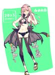  1girl 2023 :o bikini black_bikini black_cape black_footwear black_pants breasts cape cleavage cnoc_na_riabh_(fate) commentary_request fate/grand_order fate_(series) full_body high_collar highres ki_wa001 looking_at_viewer medb_(fate) medium_breasts navel official_alternate_costume pants pink_hair sandals simple_background solo stomach swimsuit toes yellow_eyes 