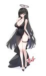 1girl absurdres alternate_costume ash_(cat7evy) black_dress black_footwear black_hair blue_archive blush breasts cleavage commentary covered_navel dress english_commentary groin halo highres large_breasts long_hair looking_at_viewer red_eyes rio_(blue_archive) signature simple_background solo straight_hair thigh_strap very_long_hair white_background 