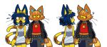  2girls ? animal_crossing animal_ears ankha_(animal_crossing) bangs black_jacket black_pants blue_hair blunt_bangs bob_cut cat_ears cat_tail closed_mouth colored_sclera egyptian_clothes fangs furry furry_female hair_ornament highres holding_hands jacket katt_(animal_crossing) looking_at_viewer loveycloud multiple_girls pants ringed_eyes simple_background smile snake_hair_ornament tail whiskers white_background yellow_eyes yellow_sclera yuri 