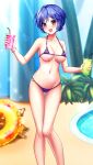  1girl :d ass_visible_through_thighs bare_arms bare_legs bikini blue_hair blush breasts cleavage collarbone day doukyuusei doukyuusei_another_world drinking_straw feet_out_of_frame game_cg halterneck head_tilt holding holding_drinking_straw large_breasts lens_flare micro_bikini navel o-ring o-ring_bikini open_mouth outdoors purple_bikini short_hair smile solo sunlight swimsuit tamachi_hiromi thigh_gap underboob yellow_eyes 