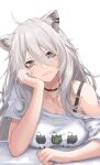  1girl ahoge animal_ear_fluff animal_ears black_choker bra_strap choker commentary_request grey_eyes grey_hair grin hand_up head_tilt highres hololive lion_ears long_hair looking_at_viewer re_(re_09) shirt shishiro_botan short_sleeves smile solo upper_body white_shirt 