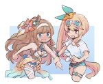  2girls alonemistrist bare_shoulders belt bikini blonde_hair blue_eyes blush breasts brown_hair cleavage dragalia_lost elisanne eyewear_on_head flower hair_flower hair_ornament hairband holding_another&#039;s_wrist julietta_(dragalia_lost) long_hair multiple_girls official_alternate_costume open_mouth purple_eyes shirt side_ponytail sunglasses swimsuit very_long_hair white_shirt 