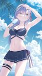  1girl absurdres bikini cloud_background food glasses green_eyes grey_hair hair_ornament heaven_burns_red highres ice_cream izumi_yuki_(heaven_burns_red) koh_rd long_hair ribbon swimsuit 