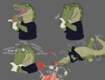  alligator alligatorid animal_instincts benji_(artist) benji_alligator_(benji) bite blush braces clothing crocodilian eating food hi_res male reptile sandwich_(food) scalie semi-anthro shirt solo topwear 