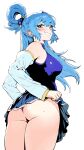  1girl absurdres aqua_(konosuba) ass ass_visible_through_thighs bare_shoulders blue_dress blue_eyes blue_hair blue_shirt blue_skirt blue_thighhighs blush breasts clothes_lift detached_sleeves dress ear_blush hair_ornament hair_rings highres kono_subarashii_sekai_ni_shukufuku_wo! light_blush long_hair looking_at_viewer mr_tangsuyuk naughty_face no_panties shirt simple_background single_hair_ring skirt skirt_lift sleeveless sleeveless_shirt smile smiley_face solo thighhighs white_sleeves 