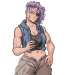  1girl black_shirt blue_eyes breasts cleavage crop_top cup eyepatch freckles hairstyle_request highres messy_hair mug navel original purple_hair scar scar_on_arm shirt small_breasts solo standing toned veldrin white_background 