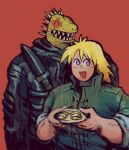  ambiguous_gender anthro bangs blonde_hair blue_eyes clothed clothing dorohedoro duo food green_body green_scales gyoza hair hi_res human kaiman_(dorohedoro) lizard mammal nikaido_(dorohedoro) plastiboo reptile scales scalie sharp_teeth smile teeth 