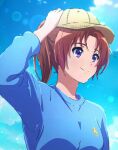  1girl blue_shirt blue_sky blurry bokeh brown_hair closed_mouth cloud depth_of_field hat hibike!_euphonium high_ponytail highres holding holding_clothes holding_hat long_sleeves medium_hair nakagawa_natsuki outdoors ponytail purple_eyes shirt sky smile solo usagihop watermark 