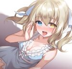  1girl absurdres arm_at_side bare_arms blonde_hair blue_dress blue_eyes blush breasts cleavage collarbone cowboy_shot dress dutch_angle frilled_dress frills hair_between_eyes hair_ribbon hand_up head_tilt heterochromia highres indie_virtual_youtuber kogamino_ono looking_at_viewer medium_breasts medium_hair nose_blush open_mouth ribbon sabo_(12454861) sash shadow short_dress sidelocks simple_background sleeveless sleeveless_dress solo sundress tongue tongue_out twintails virtual_youtuber white_background white_ribbon white_sash yellow_eyes 