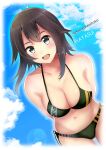  1girl absurdres alternate_costume bikini black_hair blue_sky breasts character_name cloud collarbone green_bikini grey_eyes hayasui_(kancolle) highres himura_moritaka kantai_collection medium_breasts navel short_hair sky solo swimsuit 