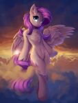 2023 absurd_res chest_tuft cloud cutie_mark digital_media_(artwork) equid equine eyelashes feathered_wings feathers fluttershy_(mlp) flying friendship_is_magic fur green_eyes hair hasbro hi_res hooves inner_ear_fluff mammal my_little_pony navel pegasus pink_hair pink_tail ravistdash semi-anthro shy smile solo sunset tail tuft underhoof wings yellow_body yellow_feathers yellow_fur 