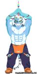  1boy aqua_fur arms_up axe bara commentary_request copyright full_body furry furry_male helmet holding holding_axe large_pectorals live_a_hero male_focus muscular muscular_male nipples overalls pectorals rexer_(live_a_hero) sawch_cls smile solo sweat tail tiger_boy tiger_tail topless_male 